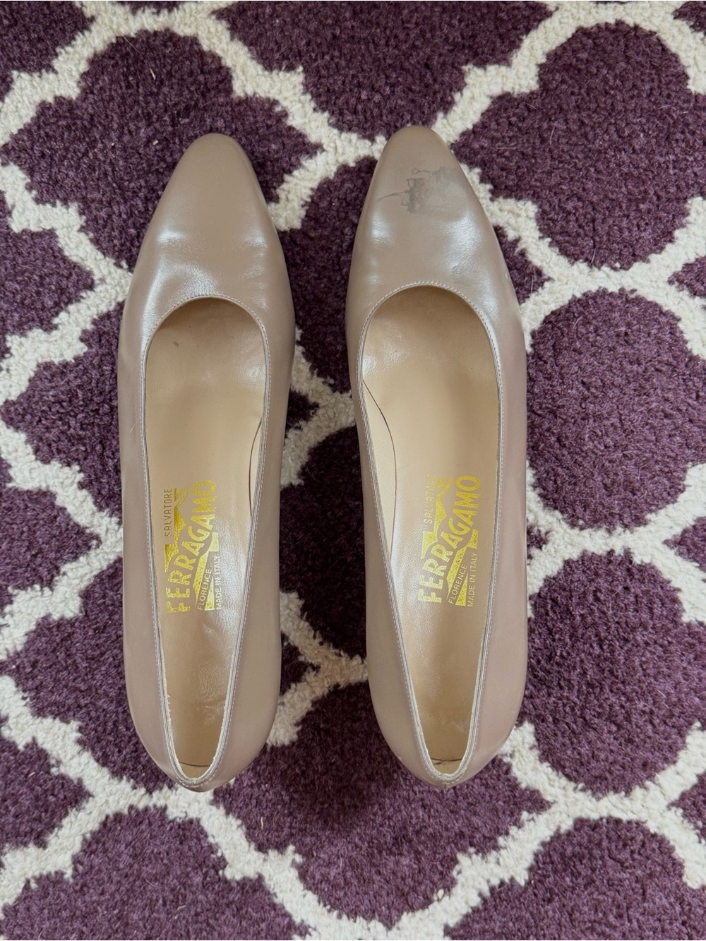 Salvatore Ferragamo Taupe Leather Round-Toe Pumps